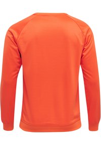 Pullover arancione a maniche lunghe realizzato in tessuto morbido. Caratterizzato da un colletto arrotondato e polsini a costine. Senza motivi visibili o dettagli in metallo.