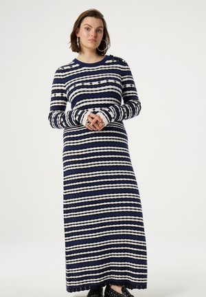 Lang, geribbeld sweaterdress met navy blauwe en witte strepen, ronde halslijn, aansluitende manchetten en een rechte silhoët.