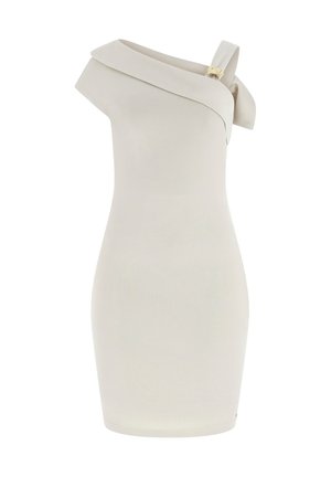 Robe près du corps couleur crème à une épaule avec un décolleté asymétrique et un nœud décoratif sur l'épaule.