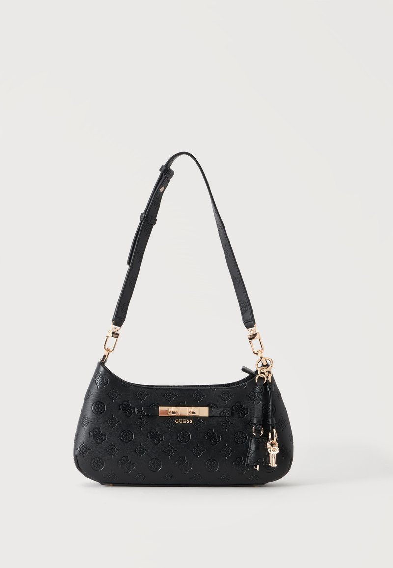 Sac à bandoulière en cuir noir avec motifs floraux embossés, ferrures dorées, breloques clés et bandoulière réglable.