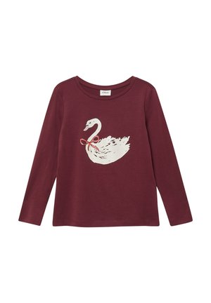 Long-sleeve maroon T-shirt made of cotton featuring a white swan illustration with a red bow, round neckline, and simple stitching details.