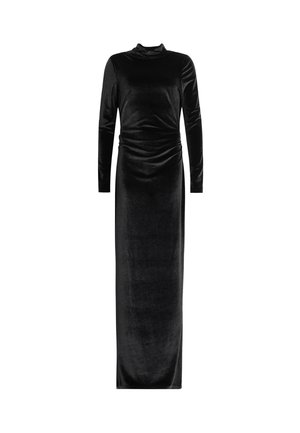 Abito maxi in velluto nero, collo alto, maniche lunghe, dettaglio arricciato sui lati, texture liscia, silhouette aderente, design lungo fino al pavimento.