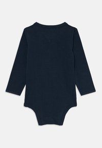 Mørkeblå langermet bodysuit laget av myk bomull, med rund hals og trykknapper nederst for enkel påkledning.