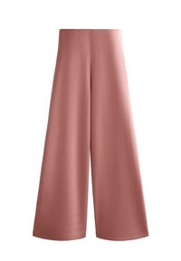 Pantalon à jambes larges en rose rose pâle, taille haute et tissu lisse, présenté à plat sur un fond blanc.
