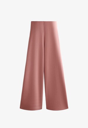 Pantaloni largi de culoare roz trandafiriu muted, cu talie înaltă și țesătură netedă, afișați pe fundal alb, așezați la plat.