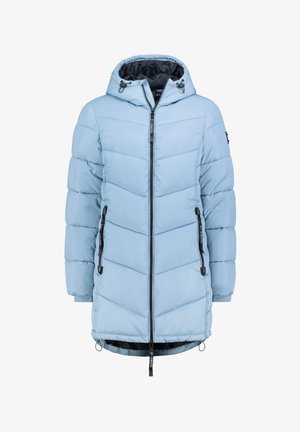 Light blue puffer jacket with a hood, featuring chevron stitching, two zippered pockets, and elastic cuffs. Black zipper and interior lining.