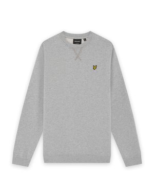 Hellgraues Sweatshirt mit Rundhalsausschnitt und langen Ärmeln, mit gerippten Bündchen und Saum, kleines gelb-schwarzes Vogel-Logo auf der linken Brust.