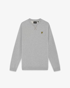 Világosszürke hosszú ujjú kerek nyakú pulóver bordázott mandzsettákkal és szegéllyel, bal mellkason egy kis sárga és fekete madár logóval.