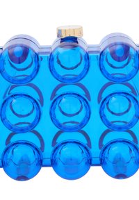 Transparent blå plastprodukt med åtta sfäriska indragningar och en gyllene accent i mitten, med släta, blanka ytor.