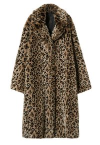 Cappotto in pelliccia sintetica con stampa leopardata, colletto ampio, vestibilità morbida e design di lunghezza media. Caratterizzato da una texture morbida e dettagli neri.