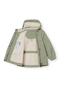 Η ανοιχτοπράσινη παιδική ζακέτα με κουκούλα, επένδυση από κρεμ φλις, φερμουάρ μπροστά και κουμπιά πατιλέτα, εμφανίζεται ανοιχτή σε λευκό φόντο.