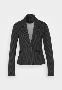 Černé vypasované blejzr s bílými pruhy, jednobodovým zapínáním, klopovými límci a dvěma předními kapsami.”}}]}   Brown fitted blazer with a single button closure, notched lapels and front pockets.  [{