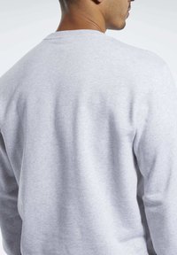 Szara bluza wykonana z miękkiej tkaniny, z okrągłym dekoltem i długimi rękawami. Widok od tyłu pokazuje gładką teksturę i minimalistyczne wykończenie.