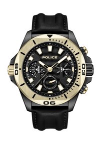 Orologio cronografo nero con quadrante testurizzato nero, dettagli dorati, grandi indici delle ore e cinturino in pelle nera. Include indicatori di data e giorno.