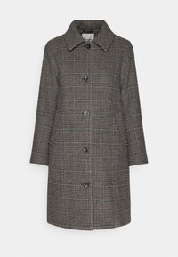 Cappotto lungo a quadri marrone e beige con ampio colletto, cinque bottoni neri e tasche laterali, esposto su sfondo bianco semplice.
