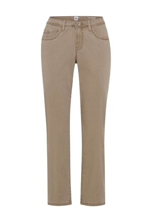 Pantalon beige à jambe droite avec bouton et fermeture éclair à l'avant, passants pour ceinture et deux poches avant, étiqueté "Ultraléger".