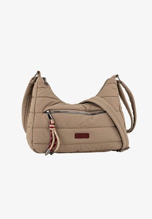 Bolso bandolera beige acolchado con un bolsillo frontal con cremallera, correa de hombro ajustable y detalles decorativos de herrajes. Parche con el logo visible.