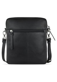 Borsa a tracolla nera in pelle con una superficie liscia, forma rettangolare, tracolla regolabile e una tasca frontale con zip e hardware in argento.