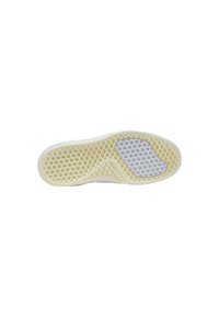 Suola della scarpa con un motivo testurizzato a nido d'ape in crema e grigio. Presenta una presa in gomma e un bordo bianco con dettagli del logo.