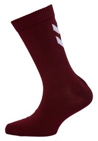 Bordeaux crew sock med ribbet kant, lavet af blødt materiale, med kontrasterende hvide grafiske detaljer på siden.