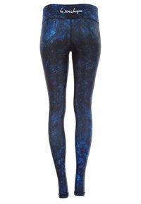 Leggings realizzati in tessuto elasticizzato con un motivo geometrico astratto blu scuro e nero, dotati di una vita alta ed elastica.