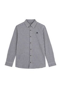 Camisa de manga larga con patrón de gingham en azul marino y crema, con un cierre de botones en el frente y un pequeño logo en el lado izquierdo del pecho.