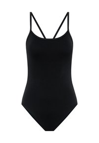 Maillot de bain une pièce noir avec de fines bretelles, un col en cœur et une coupe ajustée. Fabriqué en tissu lisse et extensible.