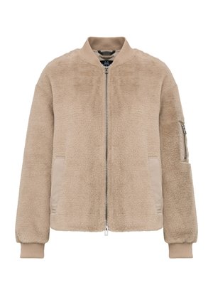 Beige Bomberjacke aus Kunstfell mit Frontreißverschluss, geripptem Kragen und Bündchen, zwei Seitentaschen und einer Reißverschlusst Tasche am linken Ärmel.