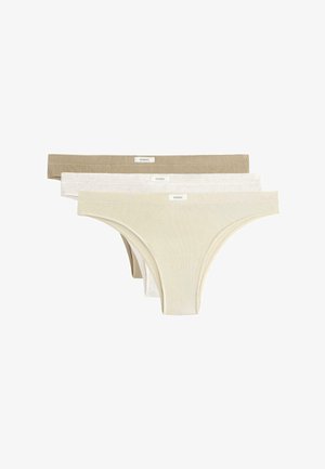 Three ribbed cotton bikini-style women's underwear in beige, white, and light cream colors, stacked with brand labels visible.