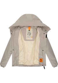 Light gray waterproof jacket with a hood, featuring a cream lining, elastic cuffs, and an orange tag with a logo on the inner side.