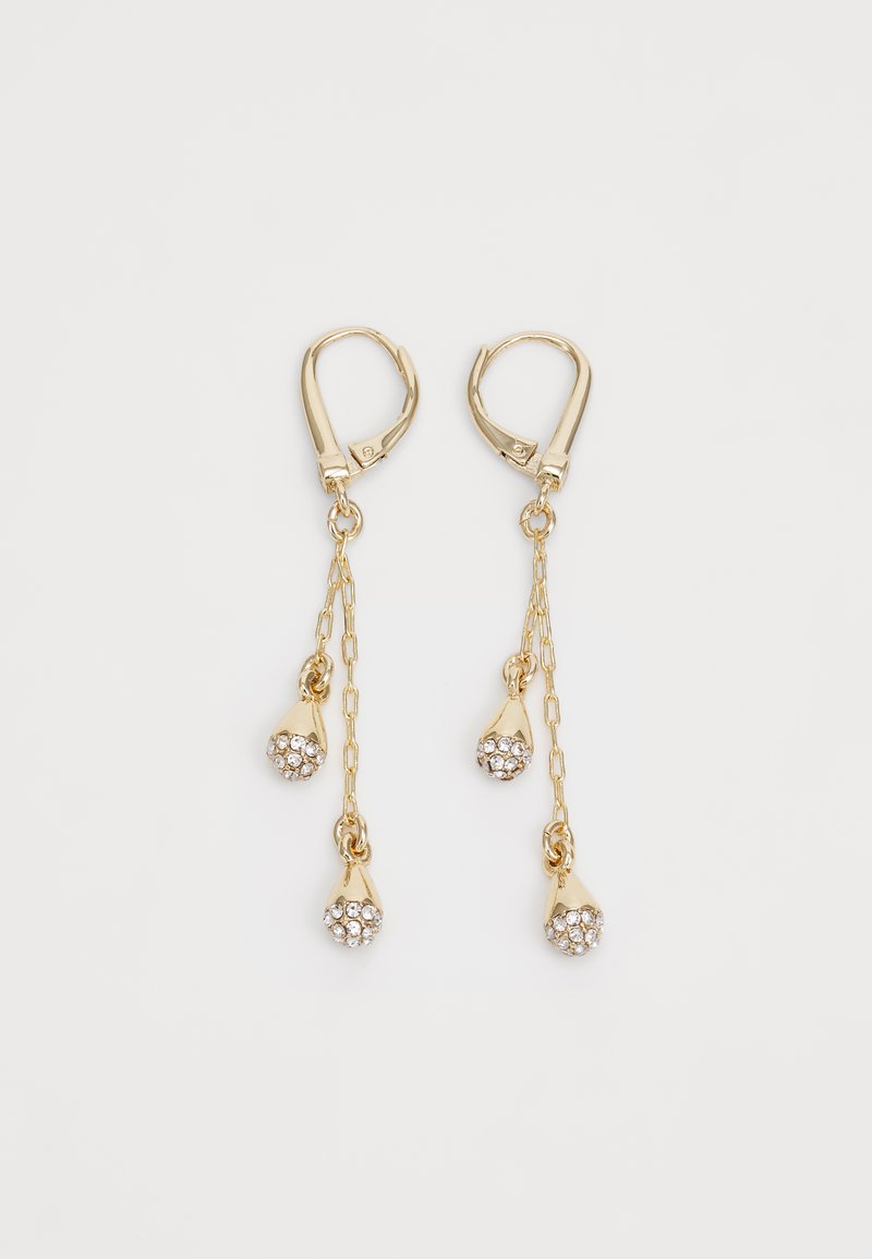 Gold dangling earrings with three teardrop-shaped accents, each adorned with circular rhinestones, attached via chain links and lever back.