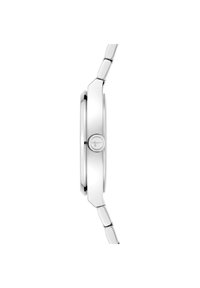 Zilveren roestvrijstalen horloge met een ronde kast, achtige randen en een gestructureerde armband. Beschikt over een ronde kroon met een plus-symbool ontwerp.