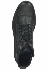 Black leather ankle boot with textured surface, lace-up front, and side zipper. Features contrast stitching and a soft inner lining.