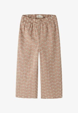 Bikses no mīksta rozā auduma ar baltu cilpu un punktu rakstu, ar elastīgu jostasvietu un plašu kājas dizainu.