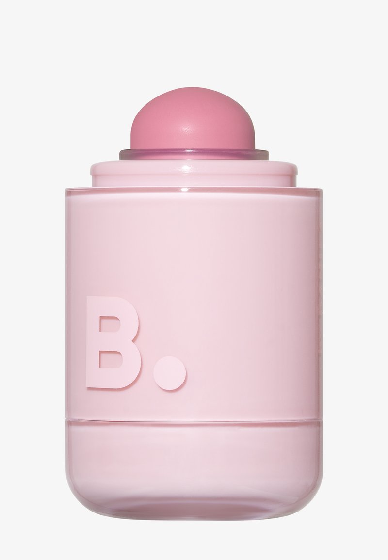 Pink cylindrical container with rounded cap, embossed letter "B." on front, set against a plain white background.
