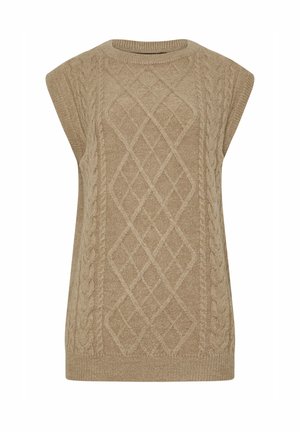 Pullover senza maniche beige lavorato a maglia con un motivo a diamante testurizzato e dettagli a trecce, con un colletto rotondo a coste e orlo. 