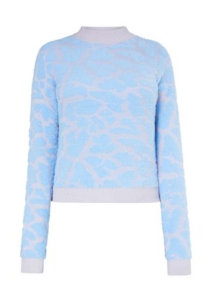 Hellblauer, strukturierter Pullover mit weichen, erhabenen Blumenmustern. Mit einem gerippten Halsausschnitt und Ärmelbündchen. Geeignet für die Freizeit.