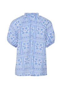 Blusa a maniche corte con motivo floreale blu, con scollatura arricciata e tessuto texturizzato, caratterizzata da tonalità di blu chiaro e bianco in un design quadrato.