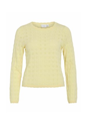 Lys gul strikkegenser med lange ermer, teksturert rutemønster, rund hals og bølgete kanter på mansjetter og kant.