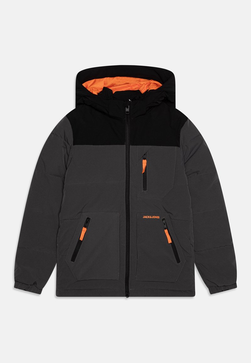 Giacca imbottita nera e grigia con interno arancione. Dotata di tasche con zip e zip frontale. Cappuccio regolabile.