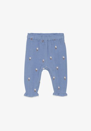 Blaue Baumwollhosen für Kleinkinder mit gestickten Blumen, gerippter Textur, elastischem Bund und Spitze an den Bündchen.