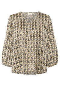Printed blouse with a V-neckline, long sleeves, and elastic cuffs. Features a repeating pattern of golden and white leaf shapes on a black background.