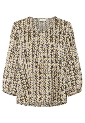 Geprinte blouse met een V-hals, lange mouwen en elastische manchetten. Kenmerkt zich door een herhalend patroon van gouden en witte bladvormen op een zwarte achtergrond.