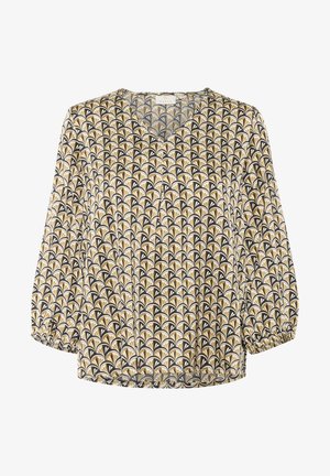Geprinte blouse met een V-hals, lange mouwen en elastische manchetten. Kenmerkt zich door een herhalend patroon van gouden en witte bladvormen op een zwarte achtergrond.