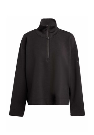 Sweat-shirt noir avec un col haut et une fermeture éclair quart de zip. Présente des épaules tombantes et une coupe décontractée. Tissu doux et texturé.