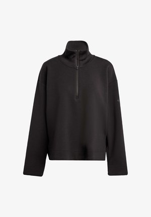 Sudadera negra con cuello alto y cierre de cremallera de cuarto. Presenta hombros caídos y un ajuste relajado. Tejido suave y texturizado.