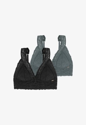 Tri čipkasta bralete v črni in čudoviti zeleni barvi. Imajo trikotno obliko z cvetličnimi vzorci in nastavljivimi čipkastimi naramnicami. Mehak in teksturiran material.