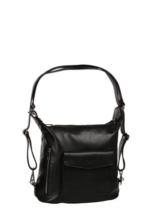 Zwarte leren schoudertas met voorvak met flap, zijritsvak en verstelbare band op witte achtergrond.