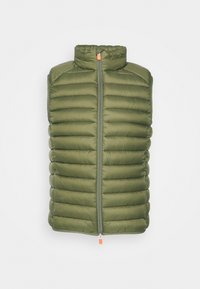 Chaleco acolchado verde con cuello alto, que presenta un diseño de costura horizontal, cierre frontal con cremallera y un pequeño tirador de cremallera naranja.