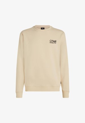 Beige crewneck sweatshirt made of cotton blend, featuring a small black logo on the chest. Ribbed cuffs and hem complete the design.